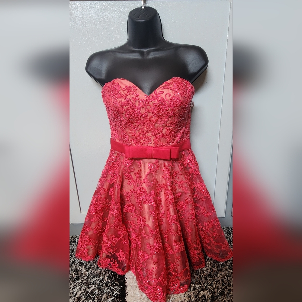 Prom Dress Strapless Watermelon Nude Lace Dress with Bow